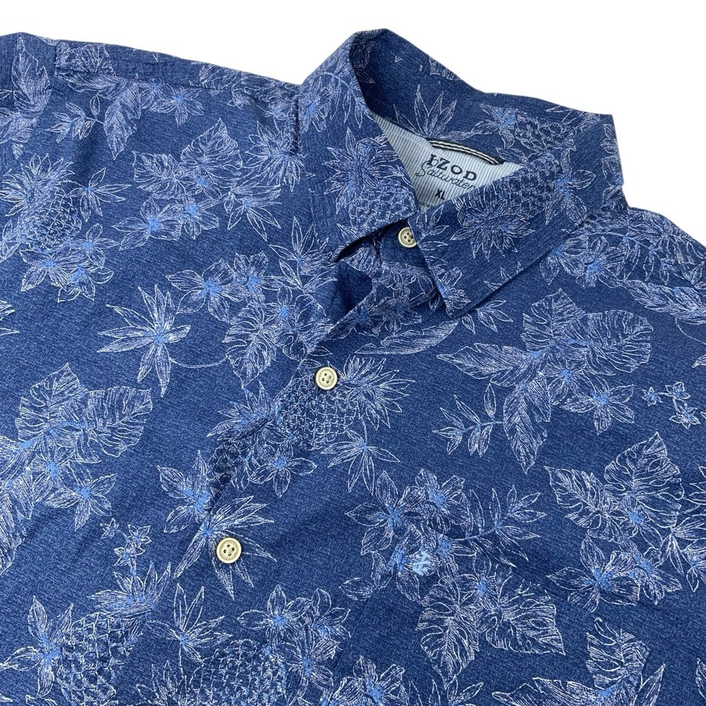 IZOD Saltwater Mens XL Button Up Shirt Hawaiian Pineapple Vacation‎ Resort Blue